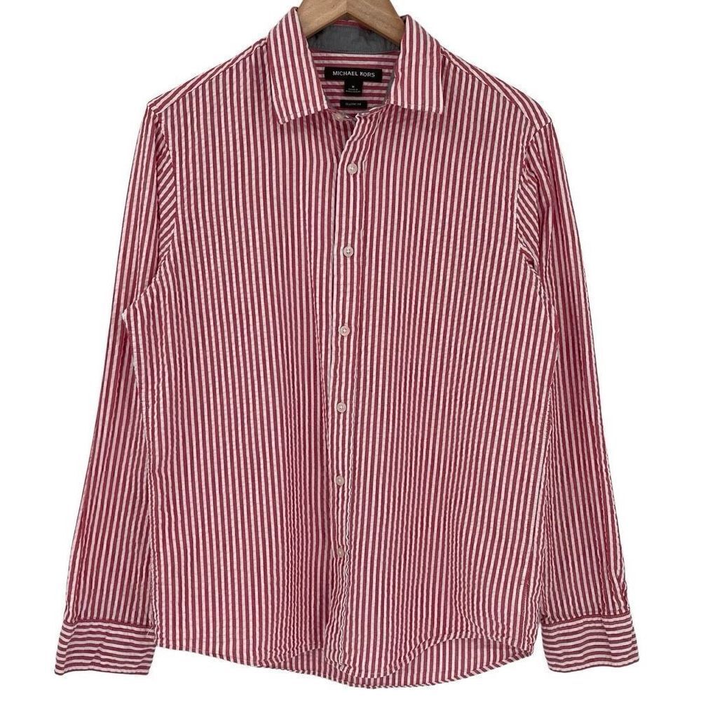 Michael Kors Classic‎ Fit Seersucker Button Up Shirt Crimson Red Men Medium